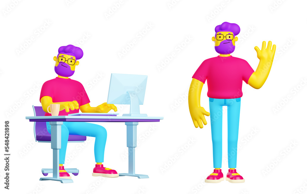3D render set of creative young man working on computer, standing, waving hand isolated on white background. Contemporary design style male character sitting at desk, smiling, making greeting gesture