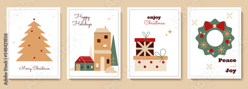 Universal winter holidays greeting card set. Cute Christmas templates with decorative Xmas tree, village background, gift boxes, frame with wreath decoration