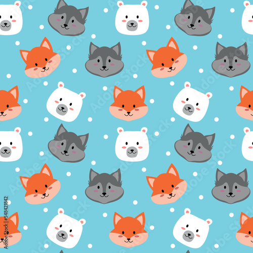 Fototapeta Naklejka Na Ścianę i Meble -  Cute animal Pattern, Fox, Wolf and Bear. Seamless Background, Vector illustration