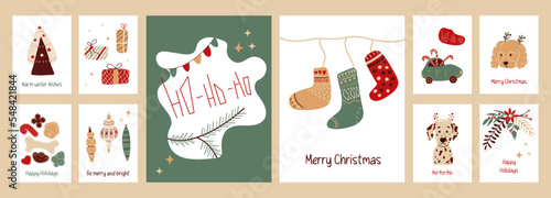 Merry Christmas greeting cards set. Cute winter holidays templates for postcard, poster, new year party decoration. Funny hand drawn vector illustrations