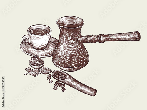 small coffee set with vintage objects, detailed hand-drawn art