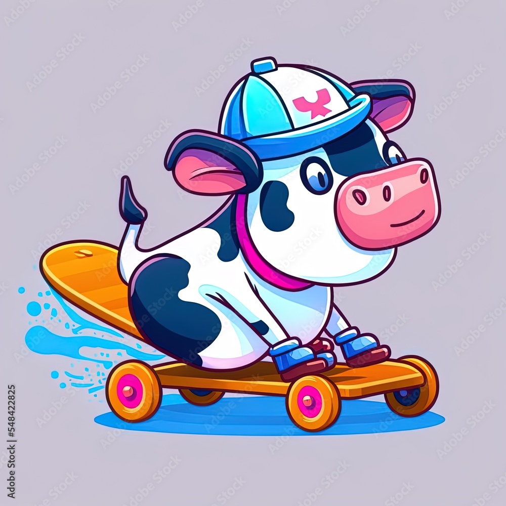 Cute Cow Drinking Milk On Skateboard Cartoon 2D Illustrated Icon Illustration Animal Sport Icon Isolated Cute Cow Drinking Milk On Skateboard Cartoon 2D Illustrated Icon Illustration Animal Sport Icon Isolated