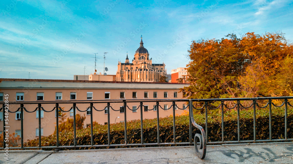 Obraz premium Madrid, Spain. Aerial view of city center. Buildings and main landmarks on a sunny day