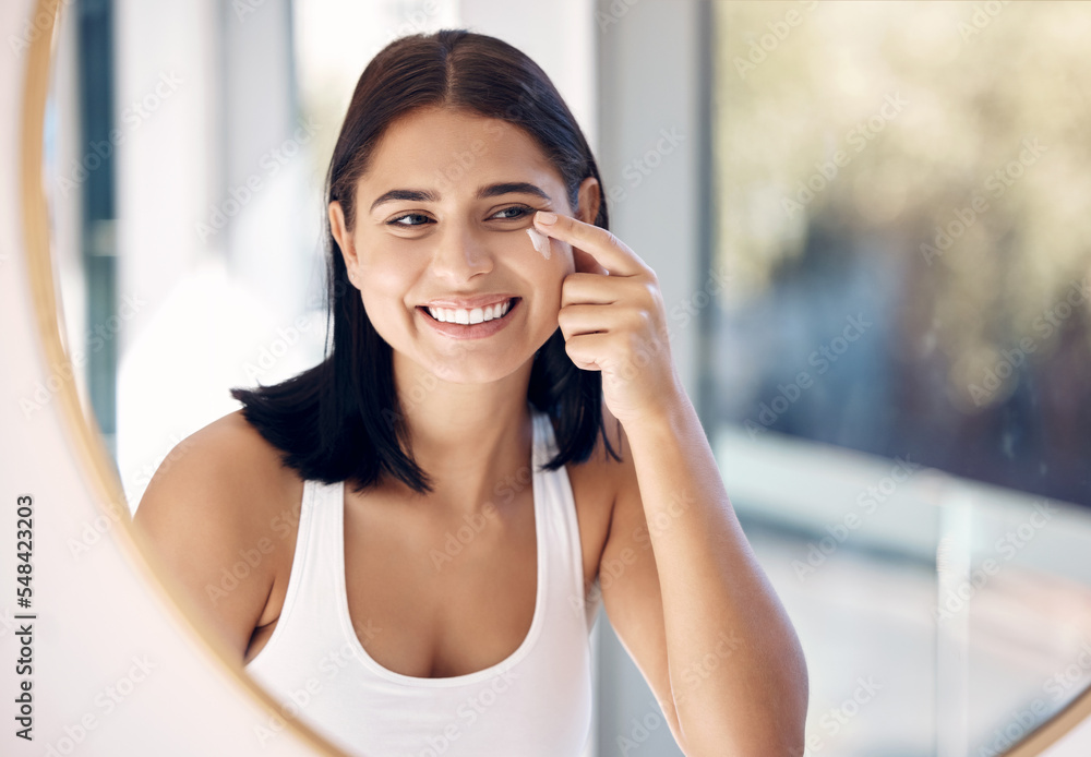 Beauty, cream and skincare woman in mirror for sunscreen, facial and makeup product cleaning in her apartment bathroom. Happy self care girl face reflection with smile, cosmetics and dermatology Beauty, cream and skincare woman in mirror for sunscreen, facial and makeup product cleaning in her apartment bathroom. Happy self care girl face reflection with smile, cosmetics and dermatology