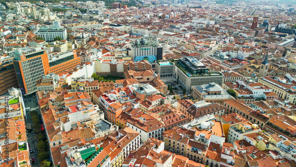 Madrid, Spain - October 29, 2022: Aerial view of city center. Buildings and main landmarks on a sunny day