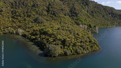 Steep, overgrown shore of Lake Tarawera, New Zealand. Aerial orbit photo