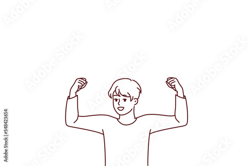Smiling boy child show muscles dream of becoming big and strong. Happy kid imagine himself feeling strong and powerful. Vector illustration. 
