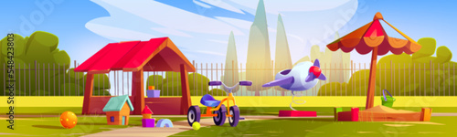 Kids playground in house or school backyard. Summer park or kindergarten yard landscape with sandbox, toys, airplane on springs and bicycle, vector cartoon illustration
