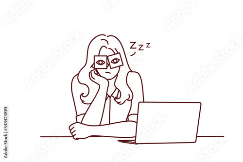 Exhausted young woman sit at desk work on computer overwhelmed with office job. Tired girl feel sleepy overwork at workplace. Fatigue concept. Vector illustration. 