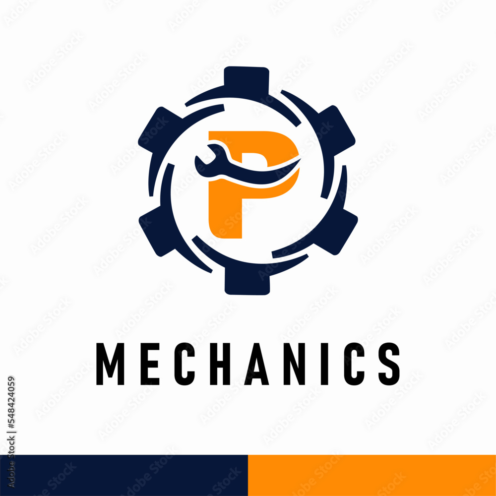 Initial P Letter with Gear and Wrench symbol for mechanic automotive repair business service logo template Initial P Letter with Gear and Wrench symbol for mechanic automotive repair business service logo template