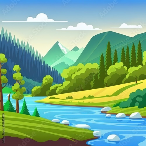 Nature Scene With River And Hills, Forest And Mountain, Landscape Flat Cartoon Style Illustration