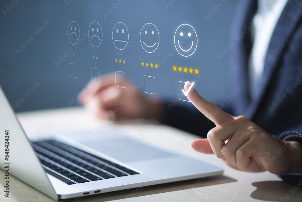 Consumers are evaluating their satisfaction with the service. Consumers write reviews about their satisfaction with a product or service. Consumers use the smiley face icon symbol and 5 stars. Consumers are evaluating their satisfaction with the service. Consumers write reviews about their satisfaction with a product or service. Consumers use the smiley face icon symbol and 5 stars.