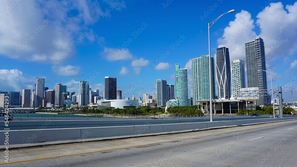 Downtown Miami cityscape view with condos and office buildings.