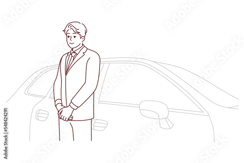 Car driver in suit standing near car waiting for client. Chauffeur in formalwear working in luxury automobile company. Good quality service. Vector illustration.