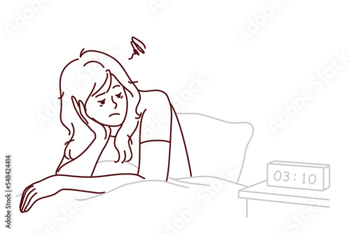 Tired woman sit in bed look at alarm ringing suffer from fatigue and exhaustion. Exhausted female struggle with insomnia unable to sleep at night. Vector illustration. 