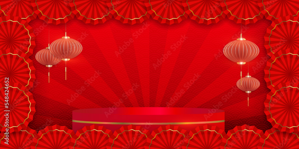 Red textural background with a round podium with a golden border