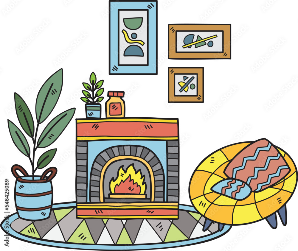 Fototapeta premium Hand Drawn Fireplace with plants and sofa interior room illustration