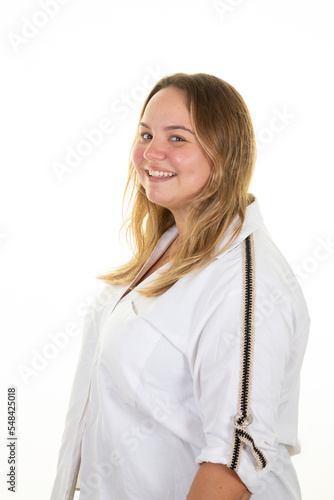 Young overweight beautiful long hair blonde woman on white background