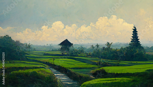 Bali countryside green paddy field cloudy sky