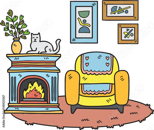 Hand Drawn Fireplace with cats and sofa interior room illustration