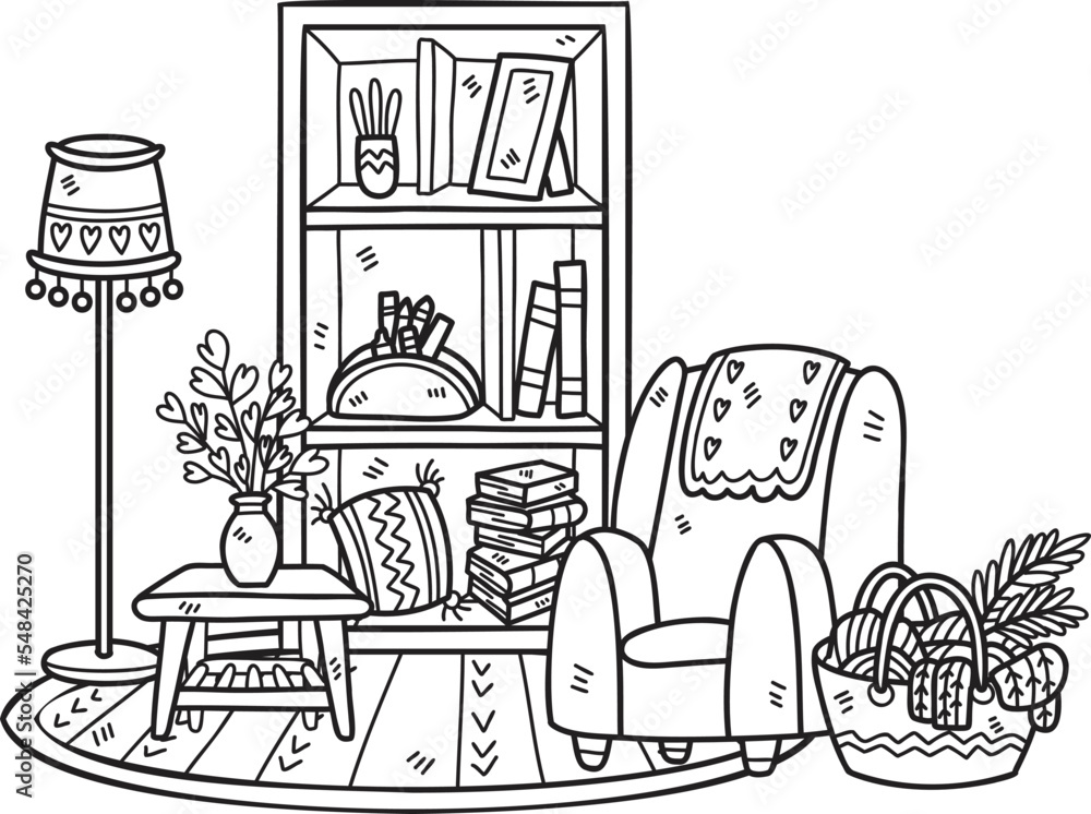 Naklejka premium Hand Drawn sofa and shelves interior room illustration