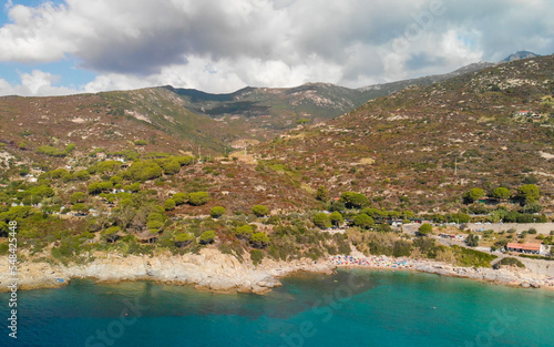 Panoramic aerial view of Cavoli Beach, one of the most famous Elba Island tourist attraction