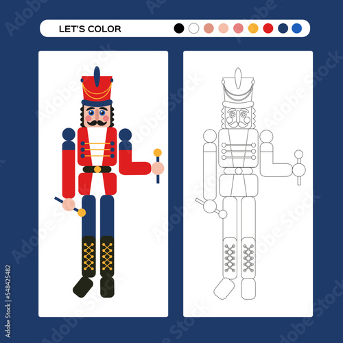 Nutcracker Christmas coloring page. Kids educational game in flat and outline design. Winter coloring book. Merry Christmas and Happy New Year. Winter holidays.
