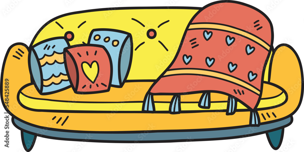 Fototapeta premium Hand Drawn Sofa with cute blankets and pillows illustration