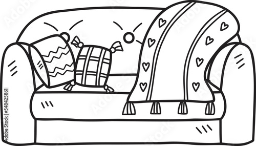 Hand Drawn Sofa with heart blanket and cute pillows illustration