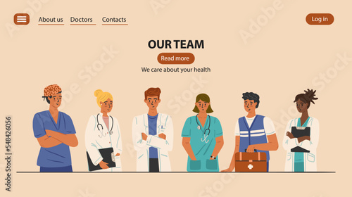 Team of medical professionals and doctors. Our team page tamplate for hospital  and clinic, vector banner. Group of health care workers, nurses and medical staff in uniform