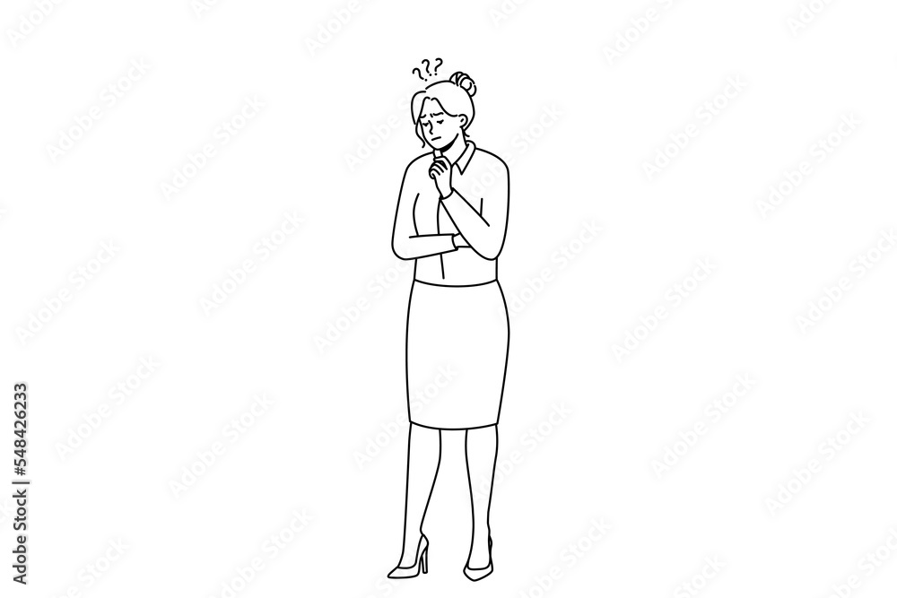 Confused businesswoman near huge arrows facing different directions make choice or decision. Frustrated woman employee think consider idea. Vector illustration. Confused businesswoman near huge arrows facing different directions make choice or decision. Frustrated woman employee think consider idea. Vector illustration.