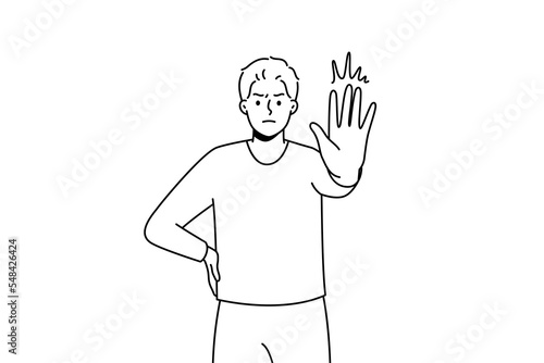 Decisive young man show no hand gesture. Serious male demonstrate stop sign. Nonverbal communication and body language. Vector illustration. 