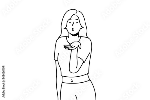 Happy young woman make hand gesture send air kisses. Smiling girl share love and affection. Romance and relationship. Vector illustration. 