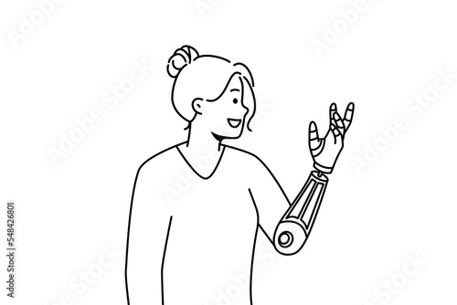 Smiling young woman with bionic arm. Happy female with prosthesis feeling optimistic. Disability and technology. Vector illustration. 