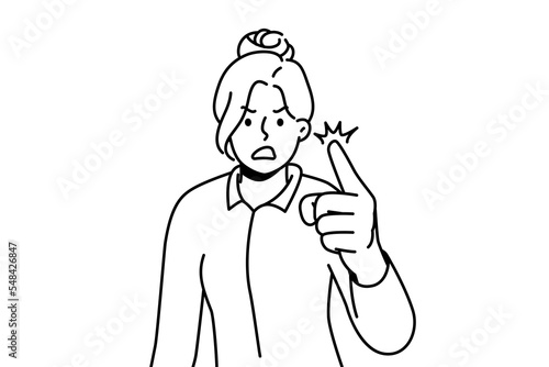 Furious businesswoman feel emotional screaming and scolding. Mad woman point with finger shout and lecture. Vector illustration. 