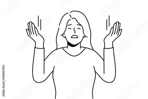 Young woman with hands raised up praying. Religious spiritual female ask for forgiveness. Faith and religion. Vector illustration. 