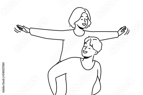 Happy young woman piggyback smiling man have fun together. Loving guy carrying on shoulders excited girl. Love and relationships. Vector illustration. 