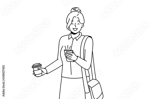 Smiling businesswoman use cellphone drink coffee from takeaway cup. Happy motivated female employee enjoy takeout drink browse smartphone. Vector illustration. 