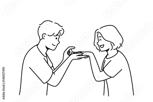 Loving man make proposal to excited woman. Caring happy male put engagement ring on smiling female finger. Marriage and relationship goal. Vector illustration. 