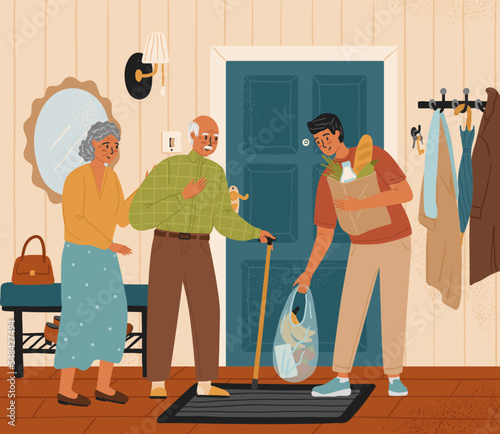 Volunteer young man delivers grocery to senior couple. Social care concept vector illustration. Support old people. Food delivery to home. Young man giving a bag of groceries to elderly couple.
