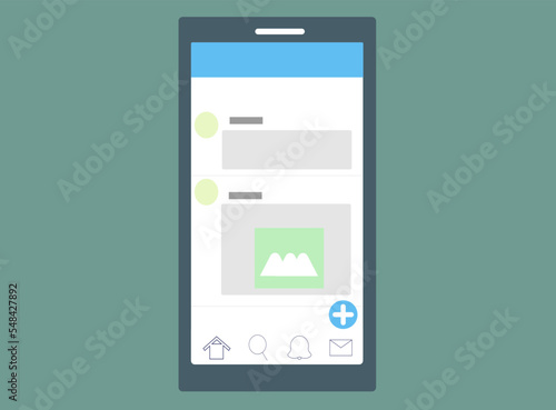 スマホとSNSの投稿、閲覧。メッセージアプリ。ベクターイラスト