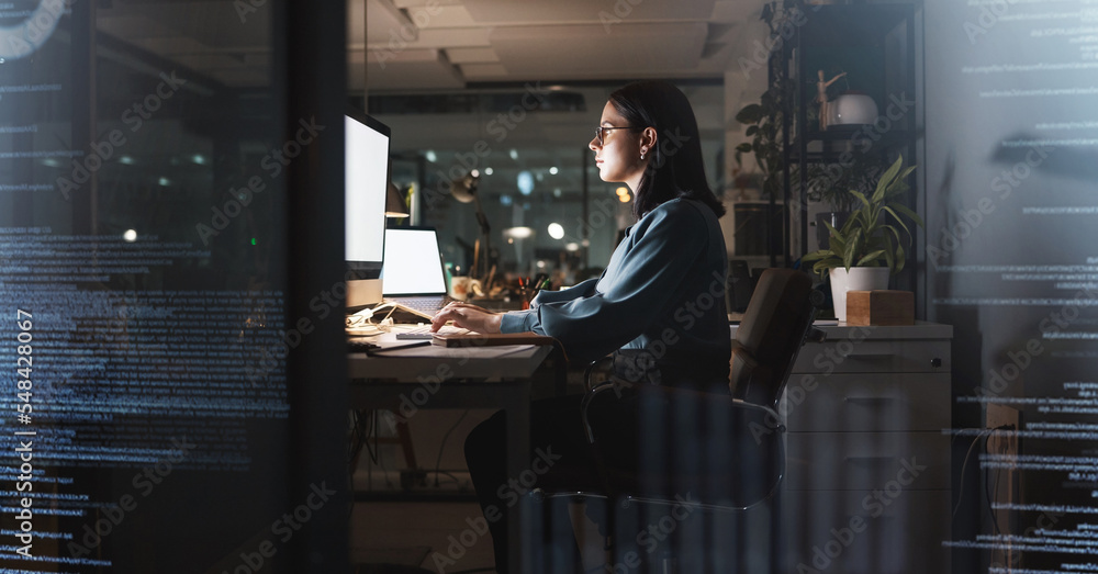 Office woman and night coding with futuristic overlay for cyber security, programming and work. Programmer, code and overtime employee working with mockup computer and laptop screen at desk.