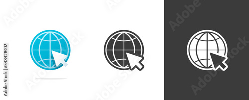 Web www address icon pictogram black white and flat blue internet globe simple minimal website glyph symbol graphic shape silhouette with cursor arrow click clipart, line outline art network url link