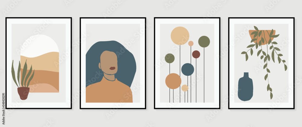 Contemporary abstract design wall art vector set. Collection of window view, woman portrait, circle and lines, vase and leaf. Design illustration for wallpaper, wall decor, card, poster, cover, print. Contemporary abstract design wall art vector set. Collection of window view, woman portrait, circle and lines, vase and leaf. Design illustration for wallpaper, wall decor, card, poster, cover, print.