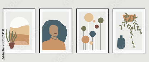 Contemporary abstract design wall art vector set. Collection of window view, woman portrait, circle and lines, vase and leaf. Design illustration for wallpaper, wall decor, card, poster, cover, print.