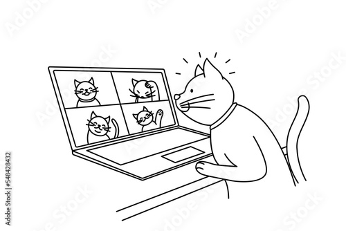 Cute cat talk on video call with cats on computer. Pet have webcam conversation on laptop with kittens. Technology concept. Vector illustration. 