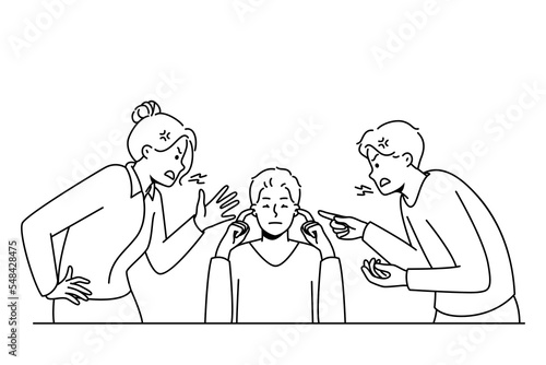 Man close ears ignore loud screaming colleagues shouting and lecturing. Calm ignorant male distracted from coworkers yelling. Stress free. Vector illustration. 