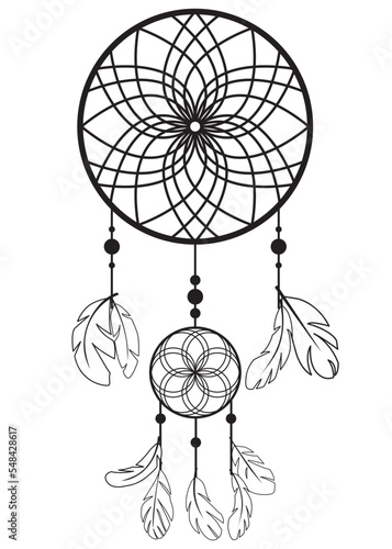 Silhouette dream catcher decorated with feathers and beads isolated on white background. Hand drawn outline vector illustration