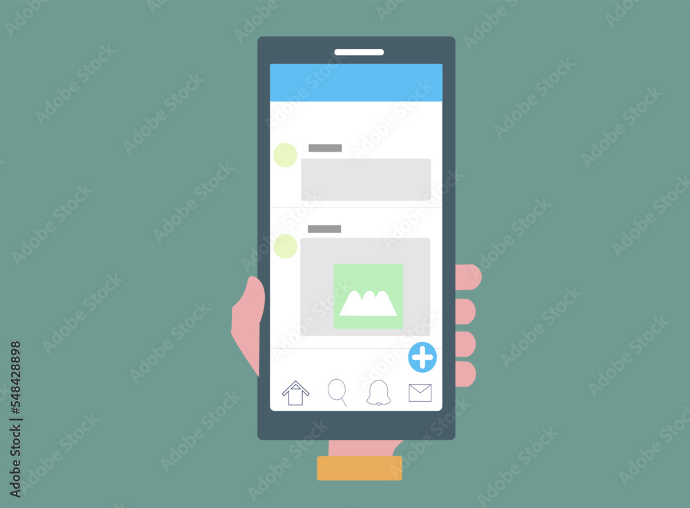 スマホでSNSに投稿をする。アプリ、情報を見る。ベクターイラスト スマホでSNSに投稿をする。アプリ、情報を見る。ベクターイラスト
