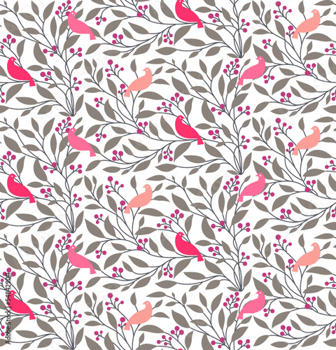 小鳥と木の実のリピートパターン、小鳥と木の実のシームレスパターン、森の中の小鳥と木の実のベクターイラスト、赤い鳥のベクターイラスト